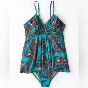 Garnet Hill Ruched-Overlay One-Piece Swimsuit Boho Paisley Women’s Size 10